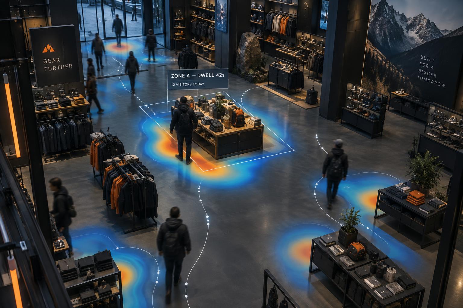 Retail store floor with AI overlay showing dwell-time heatmaps and anonymous shopper paths