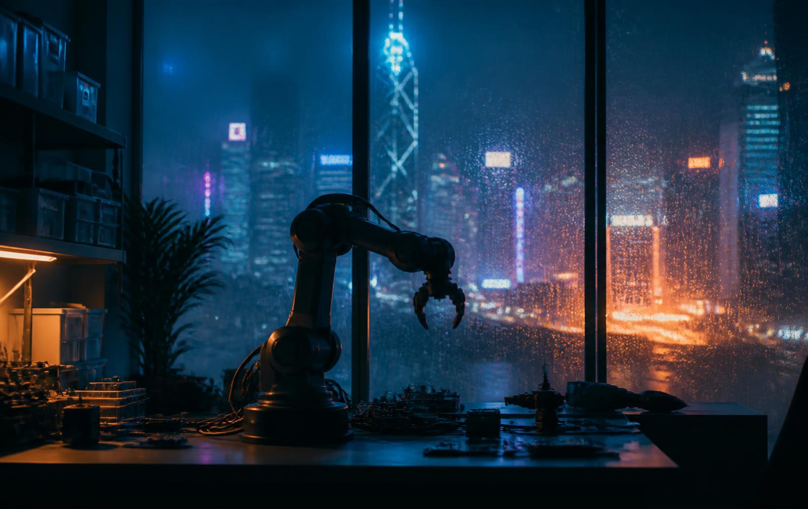 The SMERT lab at night — open 24 hours with Hong Kong skyline view