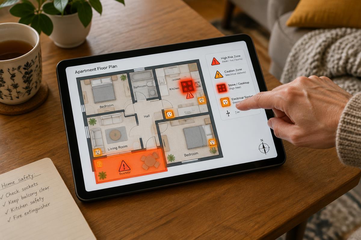 Floorplan with AI-marked risk zones on a tablet