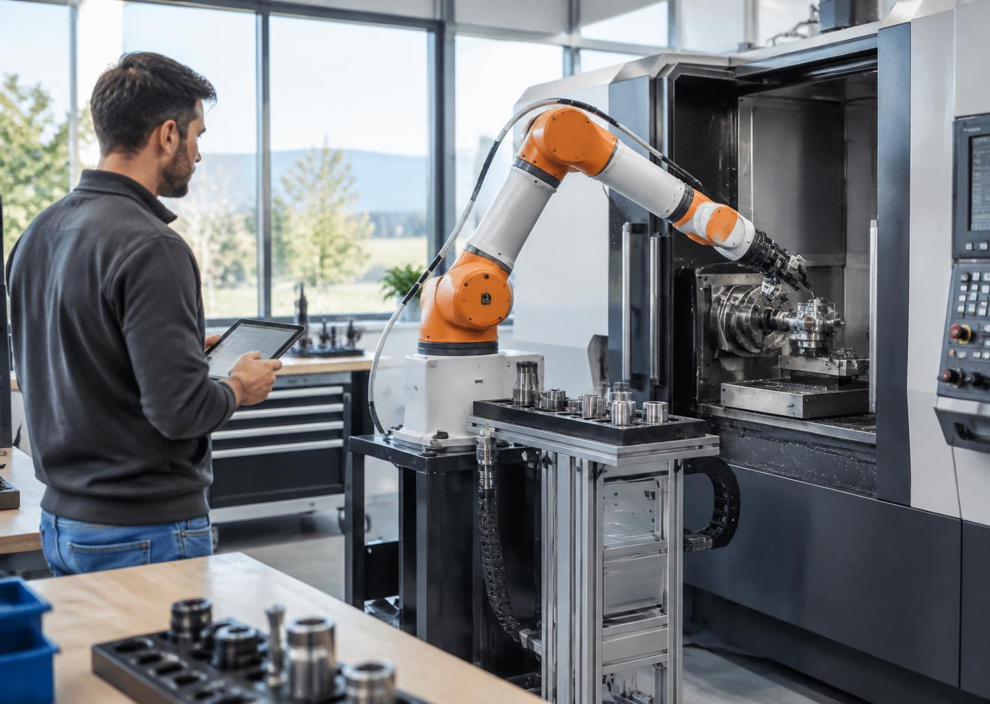 Illustration of a collaborative robot arm tending a CNC machine while a technician checks a tablet