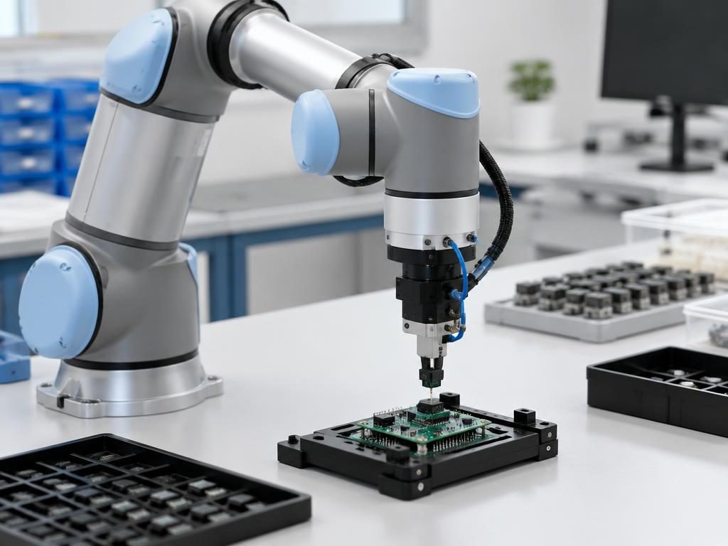 Collaborative robot arm assembling electronic components on a workbench