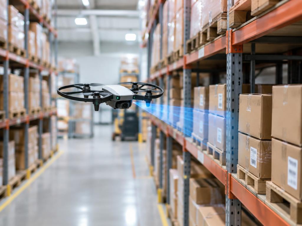 Indoor inventory drone scanning boxes between warehouse shelves