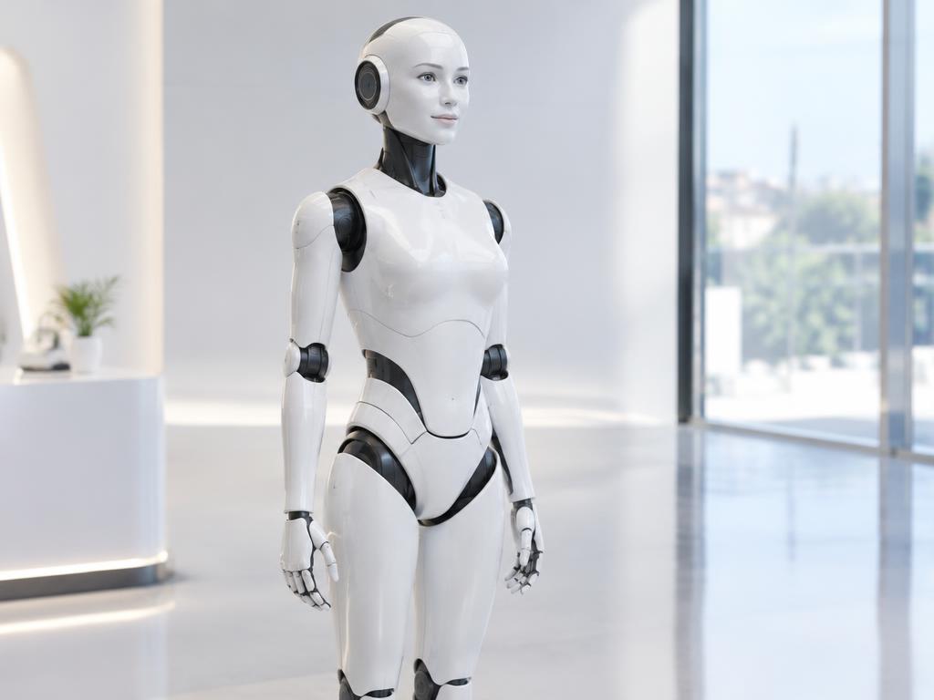 Modern white humanoid robot standing in a bright showroom