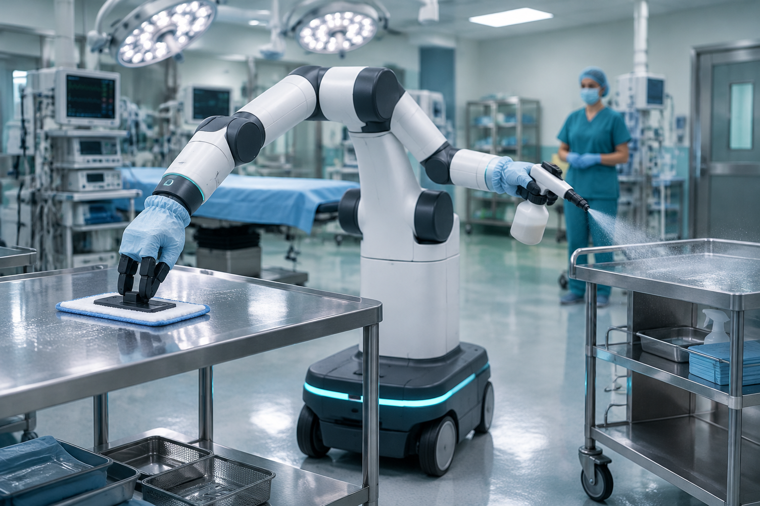 SMERT Cobot wiping down an operating theatre instrument table with a disposable-sleeved hand while spraying a trolley, supervised by a staff member