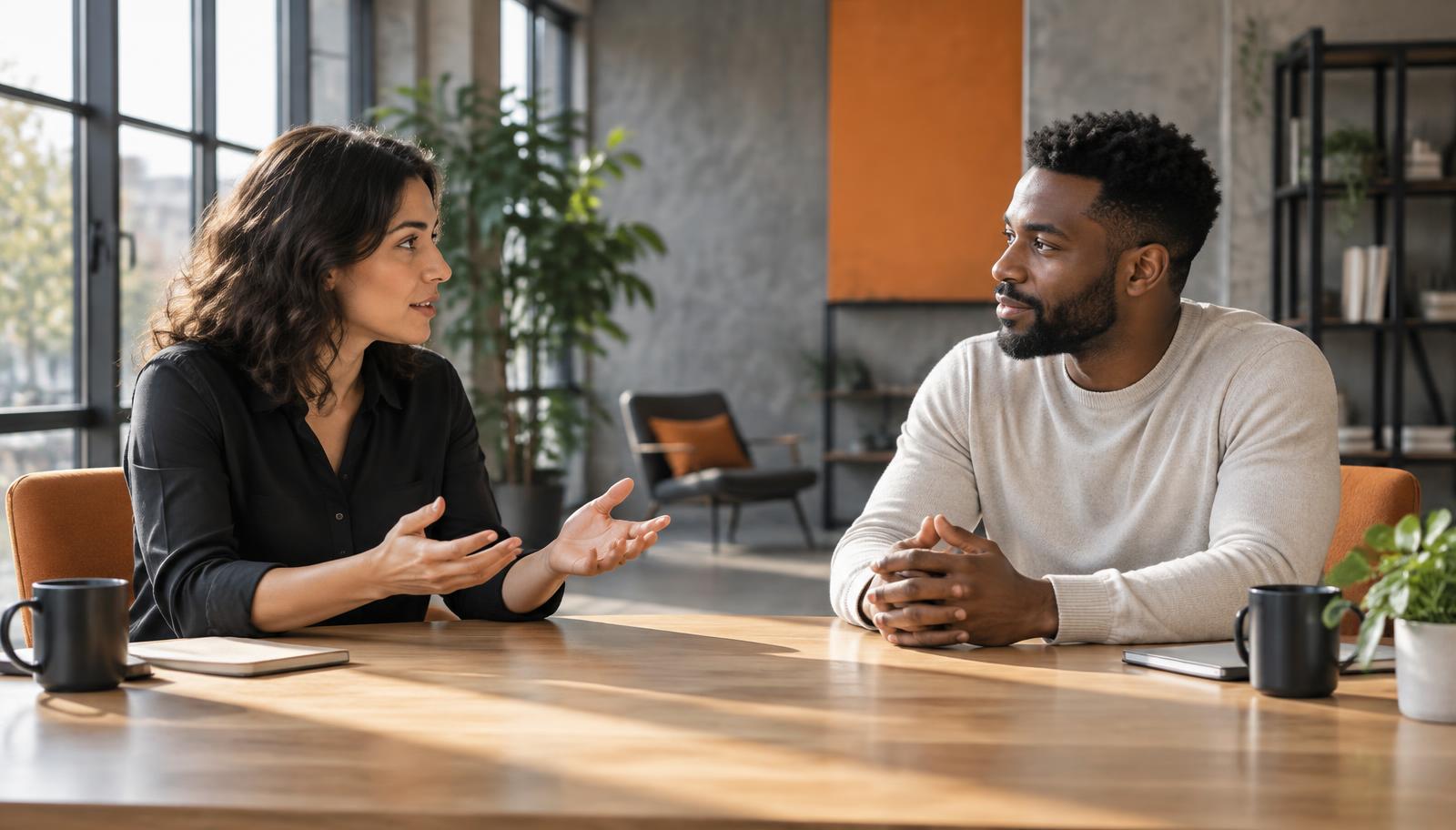 Two colleagues having a conversation in a modern studio